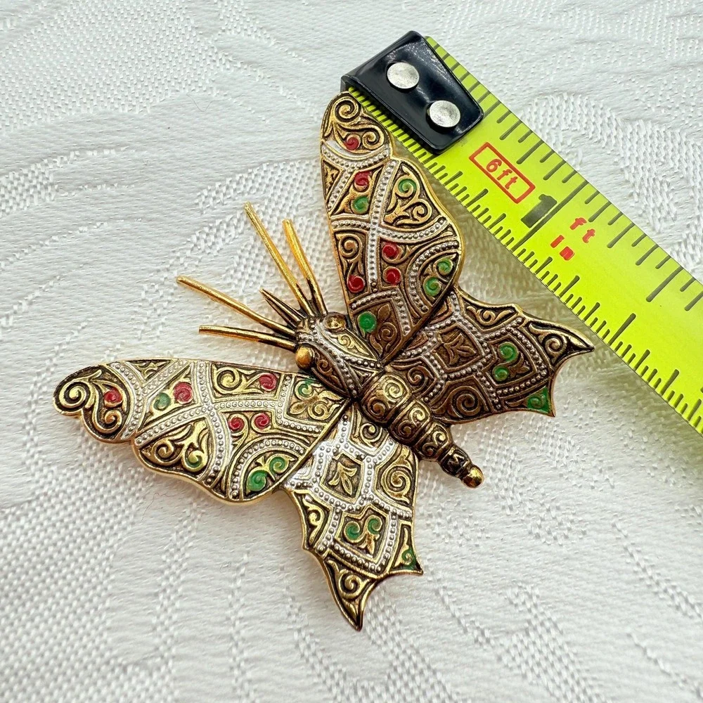 Vintage Gold Tone Damascene Style Butterfly Brooch Costume Pin | Made in Spain
